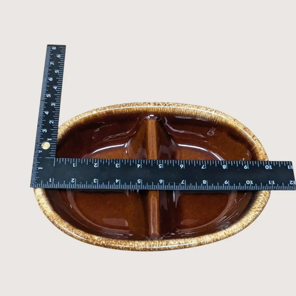 1970s Hull Pottery Brown Drip Divided Casserole Dish